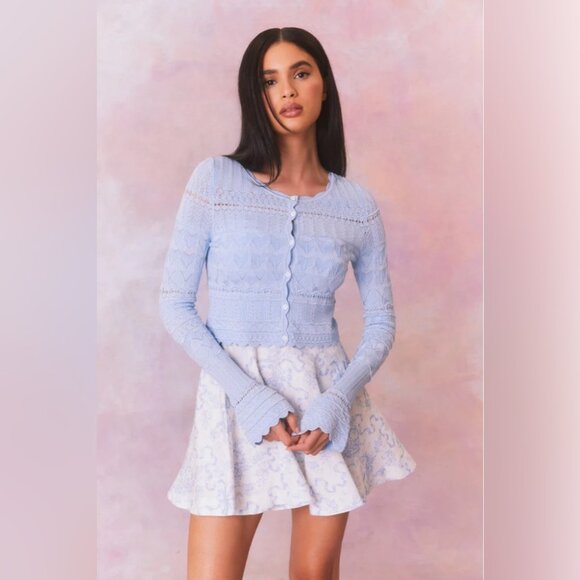 LoveShackFancy Sweaters - NEW LoveShackFancy Media Pointelle Scallop Cardigan in Morning Tide Blue | sz S